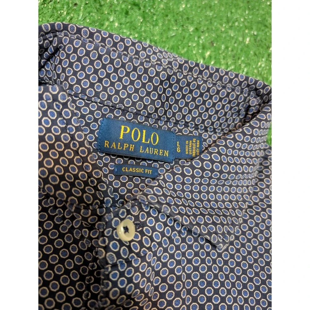 Polo Ralph Lauren Classic Fit Polo Shirt Patterned Casual Blue Large (Tiny Hole)